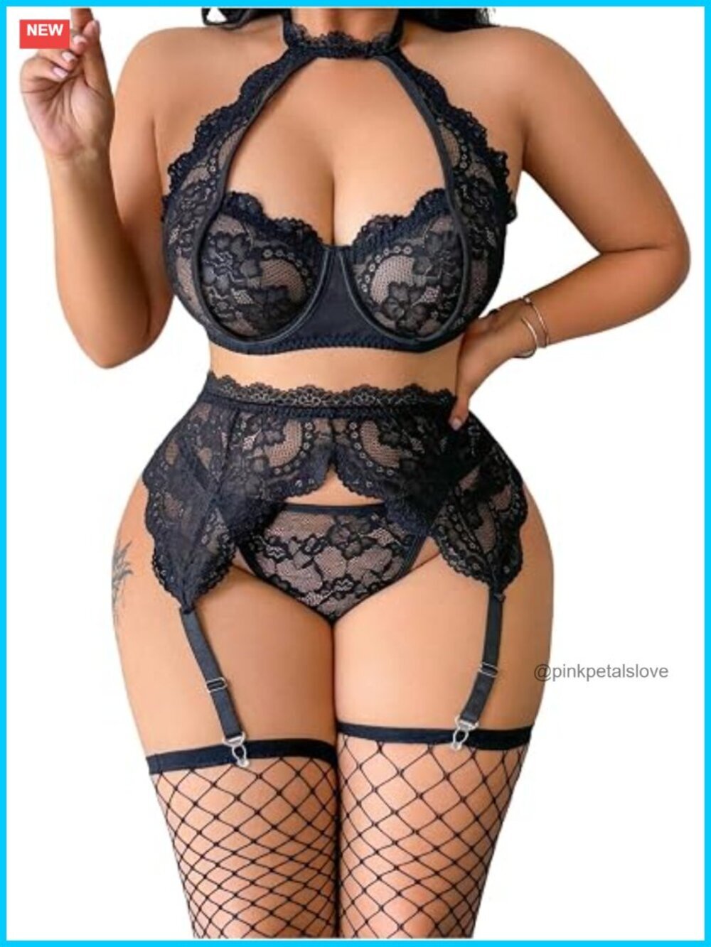 Plus Size Lace Lingerie Set with Garter Belt and Fishnet Stockings